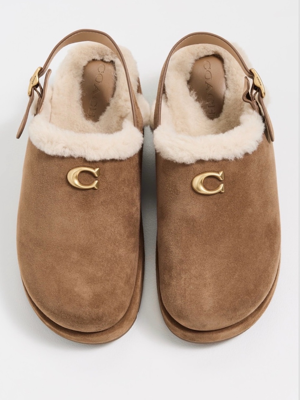 COACH Sculpted C Suede Shearling Platform Clogs Size 11